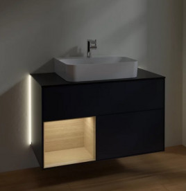 Тумба под раковину Villeroy & Boch Finion 100х50,1 см с подсветкой МДФ темно-синий матовый лак/шпон дуба/стекло черное матовое G112PCHG