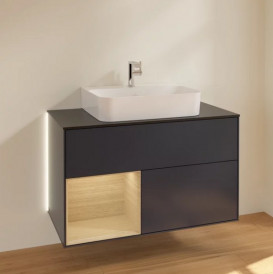 Тумба под раковину Villeroy & Boch Finion 100х50,1 см с подсветкой МДФ темно-синий матовый лак/шпон дуба/стекло черное матовое G112PCHG