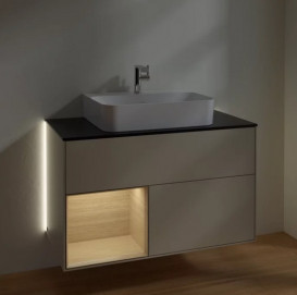 Тумба під раковину Villeroy & Boch Finion 100х50,1 см із підсвічуванням МДФ пісок матовий лак/шпон дуба/скло чорне матове G112PCHH