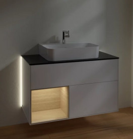Тумба під раковину Villeroy & Boch Finion 100х50,1 см з підсвічуванням МДФ білий матовий лак/шпон дуба/скло чорне матове G112PCMT