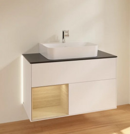 Тумба під раковину Villeroy & Boch Finion 100х50,1 см з підсвічуванням МДФ білий матовий лак/шпон дуба/скло чорне матове G112PCMT