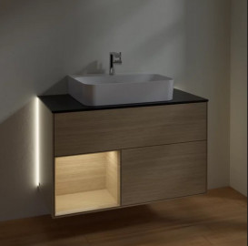 Тумба под раковину Villeroy & Boch Finion 100х50,1 см с подсветкой ДСП шпон дуба/стекло черное матовое G112PCPC