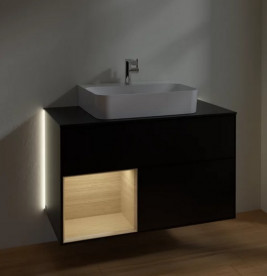 Тумба под раковину Villeroy & Boch Finion 100х50,1 см с подсветкой МДФ черный матовый лак/шпон дуба/стекло черное матовое G112PCPD
