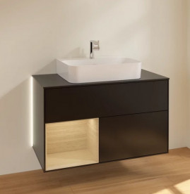 Тумба под раковину Villeroy & Boch Finion 100х50,1 см с подсветкой МДФ черный матовый лак/шпон дуба/стекло черное матовое G112PCPD