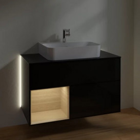 Тумба под раковину Villeroy & Boch Finion 100х50,1 см с подсветкой МДФ глянцевый черный лак/шпон дуба/стекло черное матовое  G112PCPH
