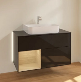 Тумба под раковину Villeroy & Boch Finion 100х50,1 см с подсветкой МДФ глянцевый черный лак/шпон дуба/стекло черное матовое  G112PCPH
