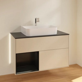 Тумба под раковину Villeroy & Boch Finion 100х50,1 см с подсветкой МДФ песок матовый лак/черный матовый лак/стекло черное матовое G112PDHH
