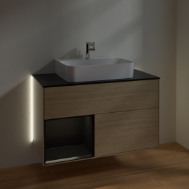Тумба под раковину Villeroy & Boch Finion 100х50,1 см с подсветкой ДСП шпон дуба/черный матовый лак/стекло черное матовое G112PDPC