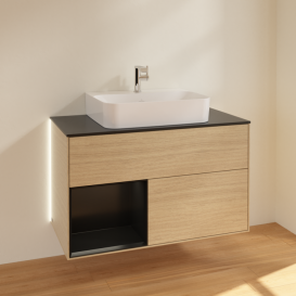 Тумба под раковину Villeroy & Boch Finion 100х50,1 см с подсветкой ДСП шпон дуба/черный матовый лак/стекло черное матовое G112PDPC