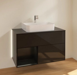 Тумба под раковину Villeroy & Boch Finion 100х50,1 см с подсветкой МДФ глянцевый черный лак/черный матовый лак/стекло черное матовое G112PDPH