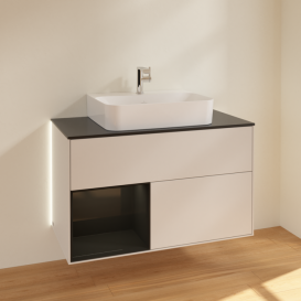 Тумба под раковину Villeroy & Boch Finion 100х50,1 см с подсветкой МДФ светло-серый матовый лак/глянцевый черный лак/стекло черное матовое G112PHGJ