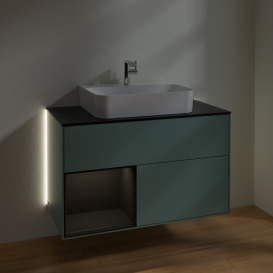 Тумба под раковину Villeroy & Boch Finion 100х50,1 см с подсветкой МДФ оливковый матовый лак/глянцевый черный лак/стекло черное матовое G112PHGM