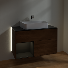 Тумба под раковину Villeroy & Boch Finion 100х50,1 см с подсветкой ДСП шпон грецкого ореха/глянцевый черный лак/стекло черное матовое G112PHGN