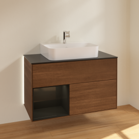 Тумба под раковину Villeroy & Boch Finion 100х50,1 см с подсветкой ДСП шпон грецкого ореха/глянцевый черный лак/стекло черное матовое G112PHGN