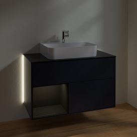 Тумба под раковину Villeroy & Boch Finion 100х50,1 см с подсветкой МДФ темно-синий матовый лак/глянцевый черный лак/стекло черное матовое G112PHHG