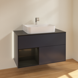 Тумба под раковину Villeroy & Boch Finion 100х50,1 см с подсветкой МДФ темно-синий матовый лак/глянцевый черный лак/стекло черное матовое G112PHHG