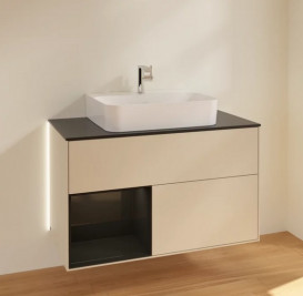 Тумба под раковину Villeroy & Boch Finion 100х50,1 см с подсветкой МДФ песок матовый лак/глянцевый черный лак/стекло черное матовое G112PHHH