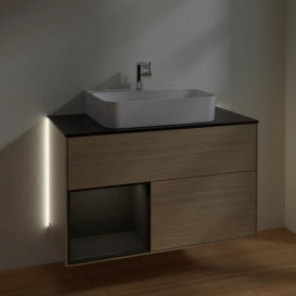 Тумба под раковину Villeroy & Boch Finion 100х50,1 см с подсветкой ДСП шпон дуба/глянцевый черный лак/стекло черное матовое G112PHPC