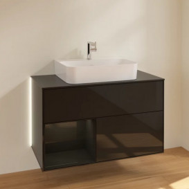 Тумба под раковину Villeroy & Boch Finion 100х50,1 см с подсветкой МДФ глянцевый черный лак/стекло черное матовое G112PHPH
