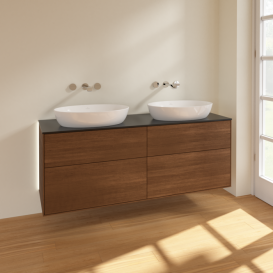 Тумба под раковину Villeroy & Boch Finion 160х50,1 см с подсветкой МДФ шпон грецкого ореха/стекло черное матовое GA8200GN