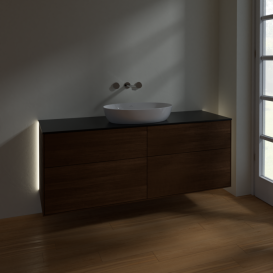 Тумба под раковину Villeroy & Boch Finion 160х50,1 см с подсветкой МДФ шпон грецкого ореха/стекло черное матовое GA9200GN