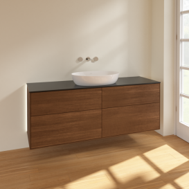 Тумба под раковину Villeroy & Boch Finion 160х50,1 см с подсветкой МДФ шпон грецкого ореха/стекло черное матовое GA9200GN