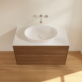 Тумба под раковину Villeroy & Boch Finion 100х50,1 см с подсветкой МДФ шпон грецкого ореха/стекло белое матовое GA0100GN