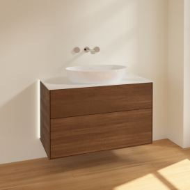 Тумба под раковину Villeroy & Boch Finion 100х50,1 см с подсветкой МДФ шпон грецкого ореха/стекло белое матовое GA0100GN