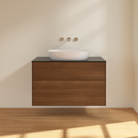 Тумба под раковину Villeroy & Boch Finion 100х50,1 см с подсветкой МДФ шпон грецкого ореха/стекло черное матовое GA0200GN