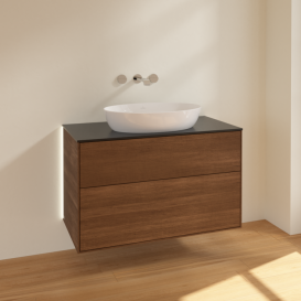 Тумба под раковину Villeroy & Boch Finion 100х50,1 см с подсветкой МДФ шпон грецкого ореха/стекло черное матовое GA0200GN