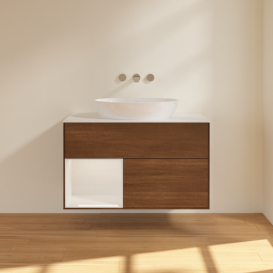 Тумба под раковину Villeroy & Boch Finion 100х50,1 см с подсветкой МДФ шпон грецкого ореха/стекло белое матовое FA11GFGN