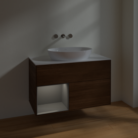 Тумба под раковину Villeroy & Boch Finion 100х50,1 см с подсветкой МДФ шпон грецкого ореха/стекло белое матовое FA11GKGN