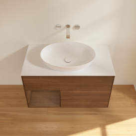 Тумба под раковину Villeroy & Boch Finion 100х50,1 см с подсветкой МДФ шпон грецкого ореха/стекло белое матовое FA11GNGN