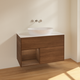 Тумба под раковину Villeroy & Boch Finion 100х50,1 см с подсветкой МДФ шпон грецкого ореха/стекло белое матовое FA11GNGN