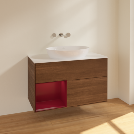 Тумба под раковину Villeroy & Boch Finion 100х50,1 см с подсветкой МДФ шпон грецкого ореха/стекло белое матовое FA11HBGN