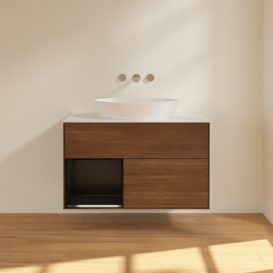 Тумба под раковину Villeroy & Boch Finion 100х50,1 см с подсветкой МДФ шпон грецкого ореха/стекло белое матовое FA11PDGN