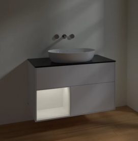 Тумба под раковину Villeroy & Boch Finion 100х50,1 см с подсветкой МДФ глянцевый белый лак/стекло черное матовое FA12GFGF