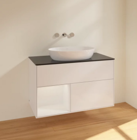 Тумба под раковину Villeroy & Boch Finion 100х50,1 см с подсветкой МДФ глянцевый белый лак/стекло черное матовое FA12GFGF