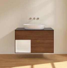 Тумба под раковину Villeroy & Boch Finion 100х50,1 см с подсветкой МДФ шпон грецкого ореха/стекло черное матовое FA12GFGN