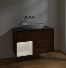 Тумба под раковину Villeroy & Boch Finion 100х50,1 см с подсветкой МДФ шпон грецкого ореха/стекло черное матовое FA12GFGN