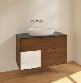 Тумба под раковину Villeroy & Boch Finion 100х50,1 см с подсветкой МДФ шпон грецкого ореха/стекло черное матовое FA12GFGN