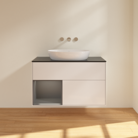 Тумба под раковину Villeroy & Boch Finion 100х50,1 см с подсветкой МДФ глянцевый белый лак/стекло черное матовое  FA12GKGF