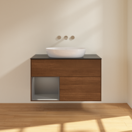 Тумба під раковину Villeroy & Boch Finion 100х50,1 см з підсвічуванням МДФ шпон волоського горіха/скло чорне матове FA12GKGN