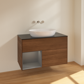 Тумба під раковину Villeroy & Boch Finion 100х50,1 см з підсвічуванням МДФ шпон волоського горіха/скло чорне матове FA12GKGN