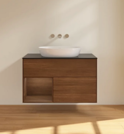 Тумба под раковину Villeroy & Boch Finion 100х50,1 см с подсветкой МДФ шпон грецкого ореха/стекло черное матовое FA12GNGN