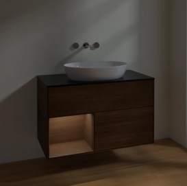 Тумба под раковину Villeroy & Boch Finion 100х50,1 см с подсветкой МДФ шпон грецкого ореха/стекло черное матовое FA12GNGN