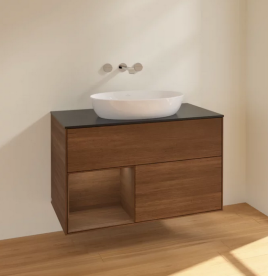 Тумба под раковину Villeroy & Boch Finion 100х50,1 см с подсветкой МДФ шпон грецкого ореха/стекло черное матовое FA12GNGN