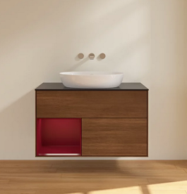 Тумба под раковину Villeroy & Boch Finion 100х50,1 см с подсветкой МДФ шпон грецкого ореха/стекло черное матовое FA12HBGN