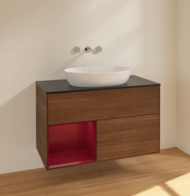 Тумба под раковину Villeroy & Boch Finion 100х50,1 см с подсветкой МДФ шпон грецкого ореха/стекло черное матовое FA12HBGN