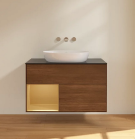 Тумба под раковину Villeroy & Boch Finion 100х50,1 см с подсветкой МДФ шпон грецкого ореха/стекло черное матовое FA12HFGN